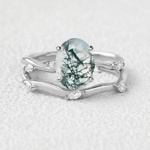 Leaf Marquise Oval Moss Agate Engagement Ring Sets 2pcs