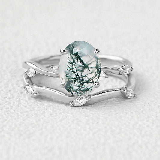 Leaf Marquise Oval Moss Agate Engagement Ring Sets 2pcs