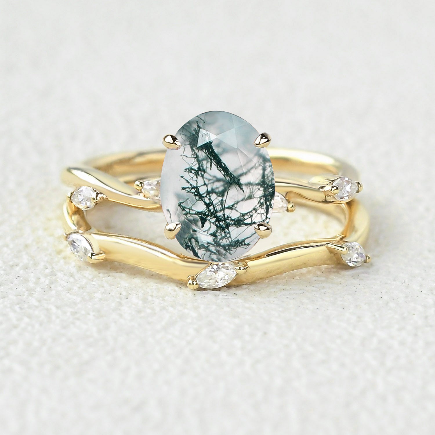 Leaf Marquise Oval Moss Agate Engagement Ring Sets 2pcs