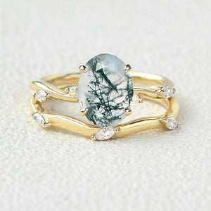 Leaf Marquise Oval Moss Agate Engagement Ring Sets 2pcs