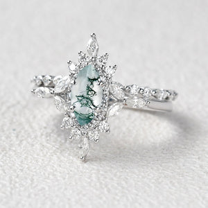 1.0ct Marquise Cut Moss Agate Cluster Vintage Engagement Ring Set 2pcs