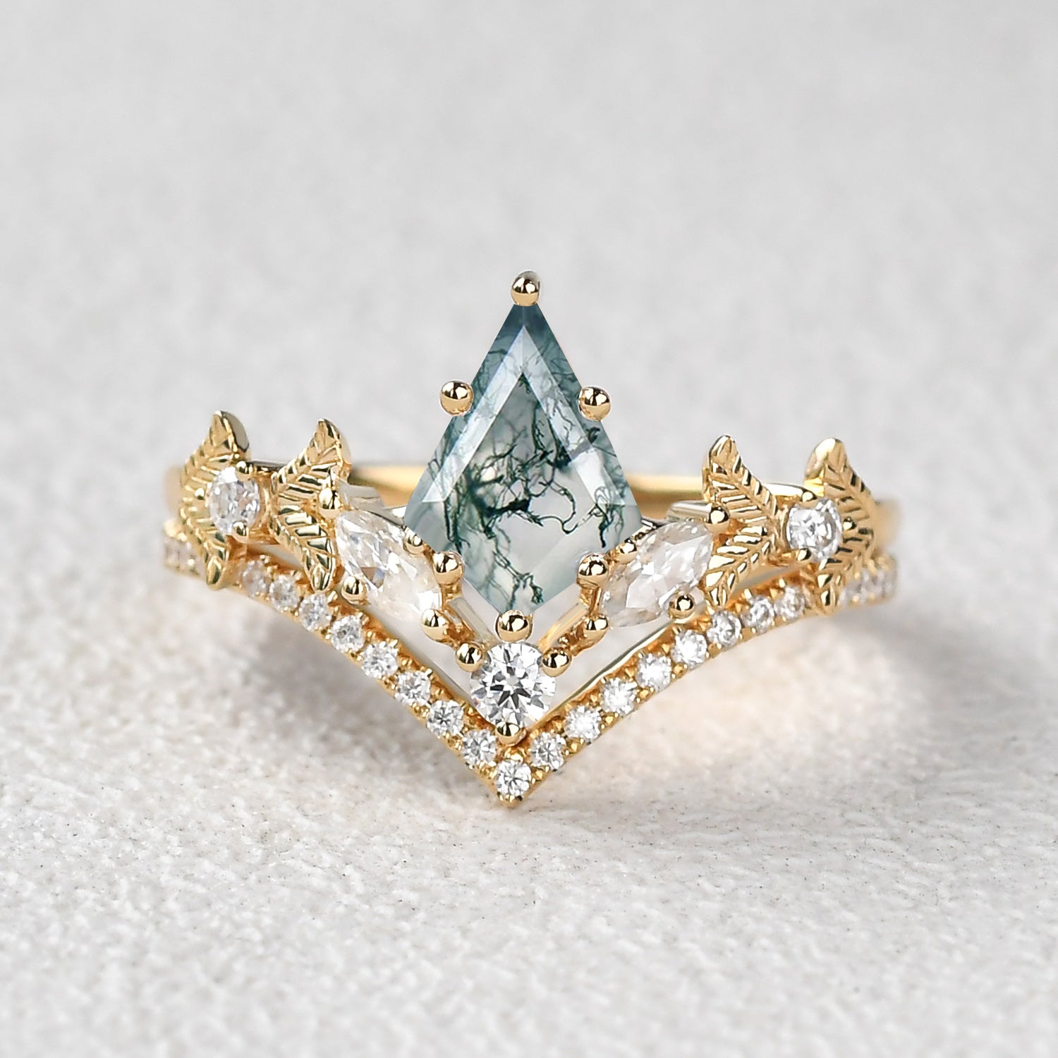 Kite Cut Moss Agate Leafy Art-Deco Engagement Ring Set 2pcs