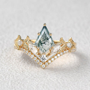 Kite Cut Moss Agate Leafy Art-Deco Engagement Ring Set 2pcs
