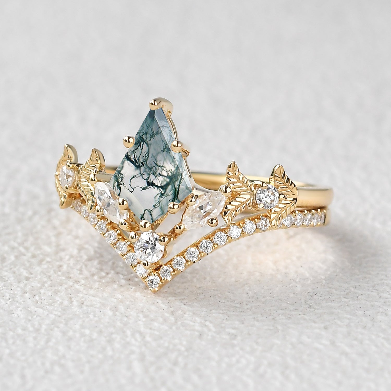 Kite Cut Moss Agate Leafy Art-Deco Engagement Ring Set 2pcs