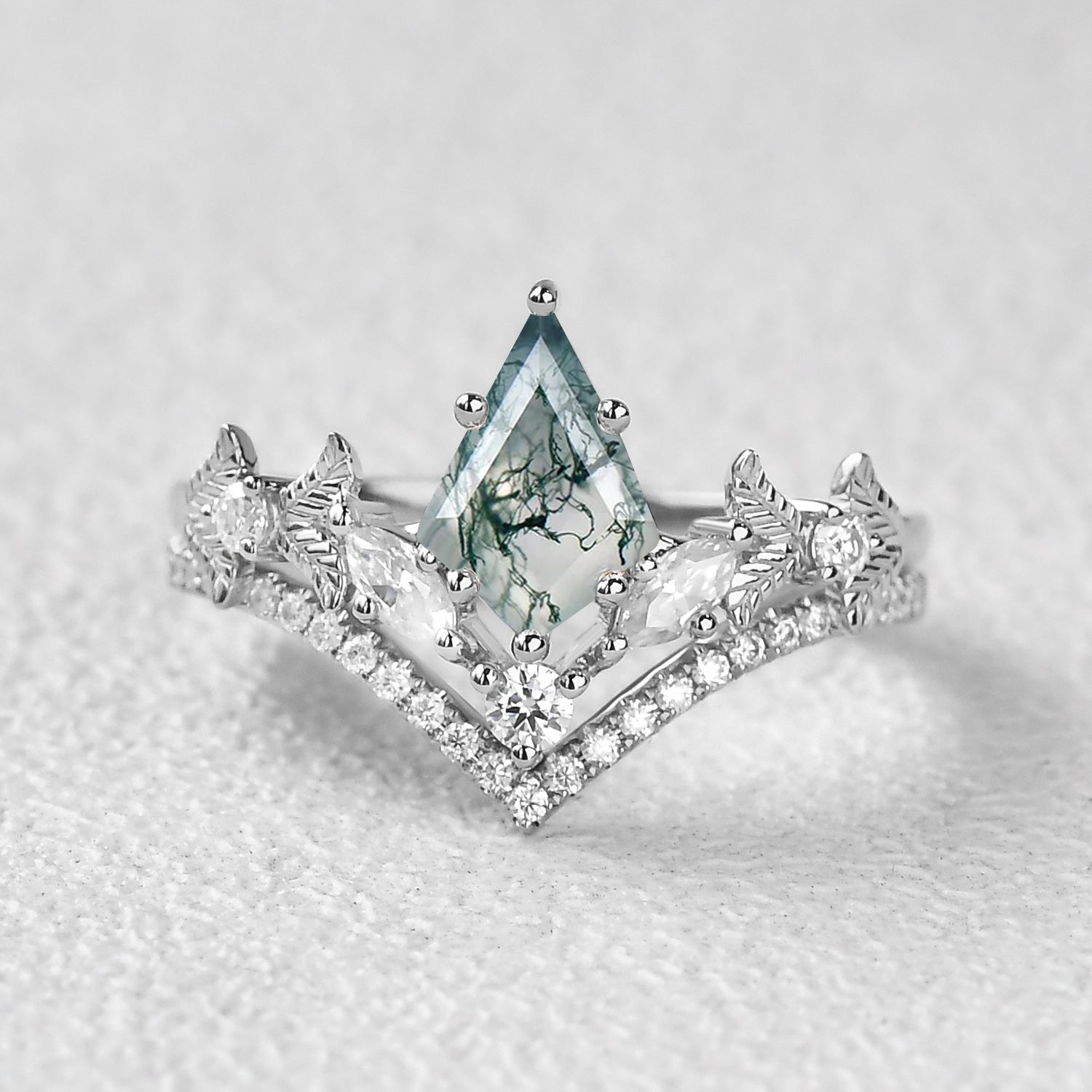 Kite Cut Moss Agate Leafy Art-Deco Engagement Ring Set 2pcs