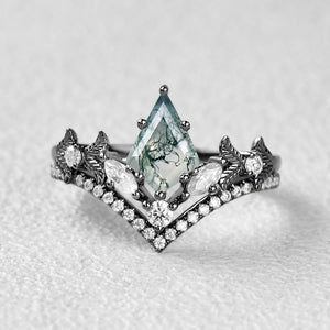 Black Gold Kite Cut Moss Agate Leafy Art-Deco Engagement Ring Set 2pcs