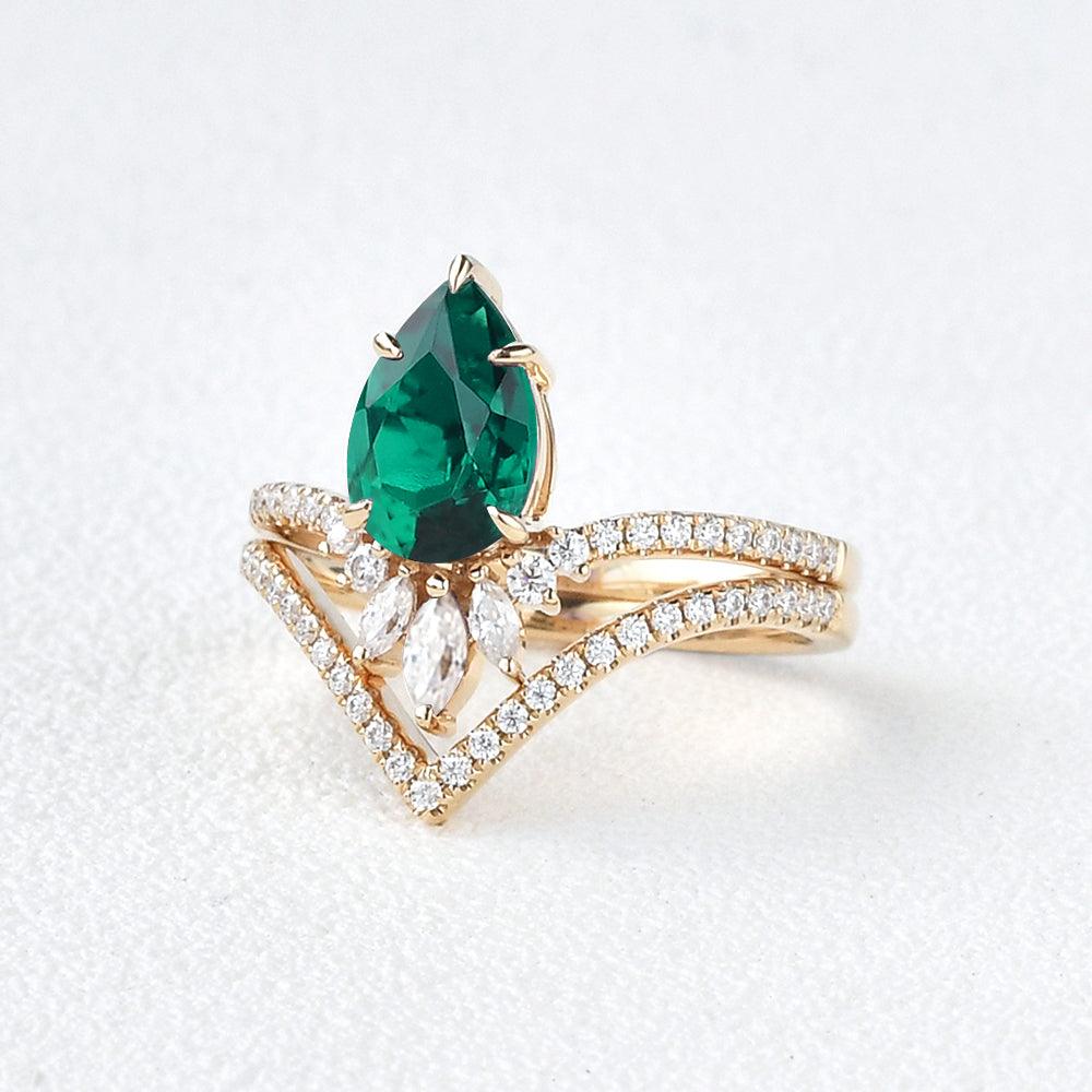Mila 1.7CT Pear Emerald Classic Vintage Ring Set 2pcs