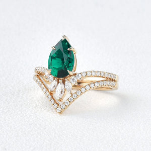 Mila 1.7CT Pear Emerald Classic Vintage Ring Set 2pcs