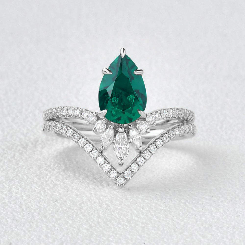 Mila 1.7CT Pear Emerald Classic Vintage Ring Set 2pcs