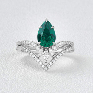 Mila 1.7CT Pear Emerald Classic Vintage Ring Set 2pcs