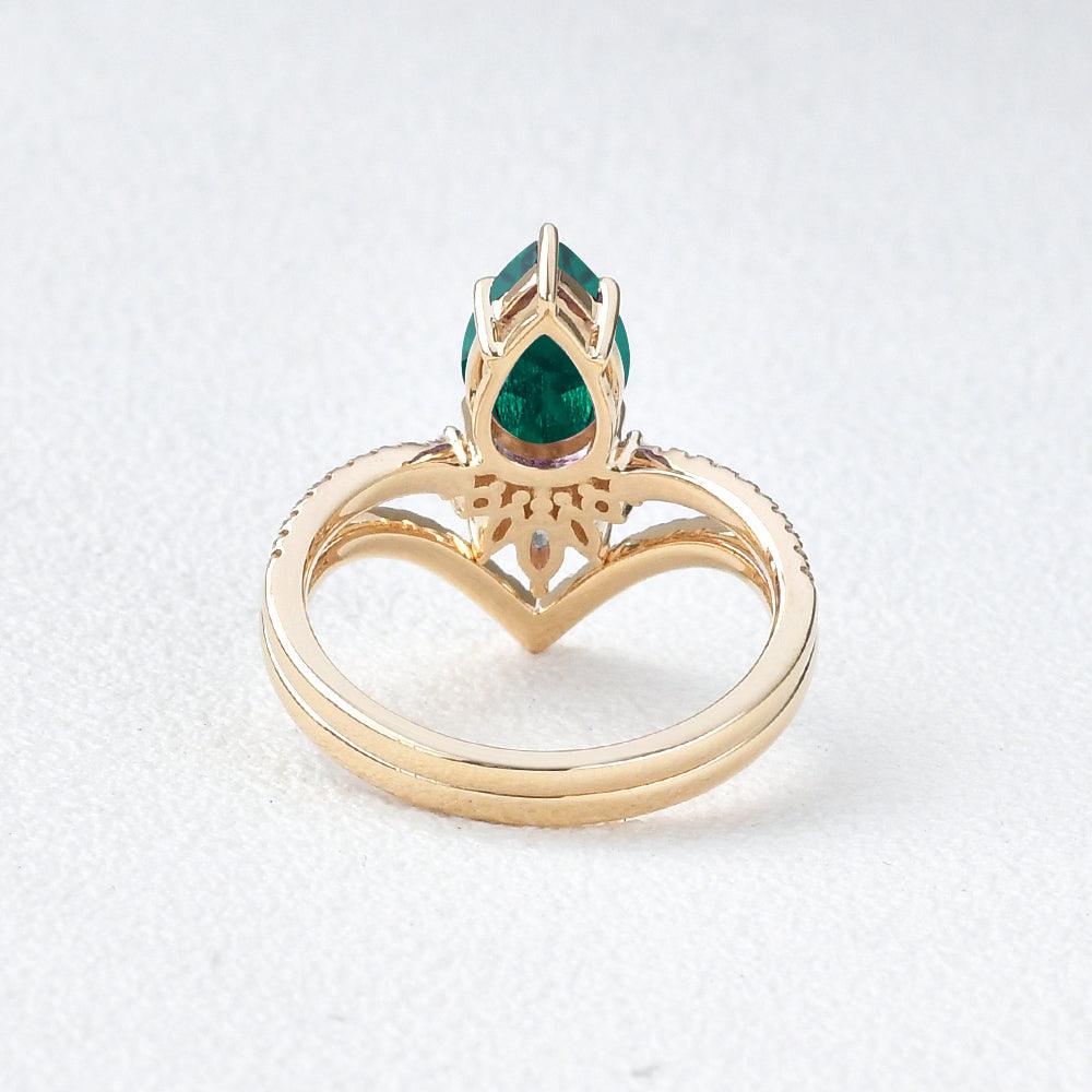 Mila 1.7CT Pear Emerald Classic Vintage Ring Set 2pcs