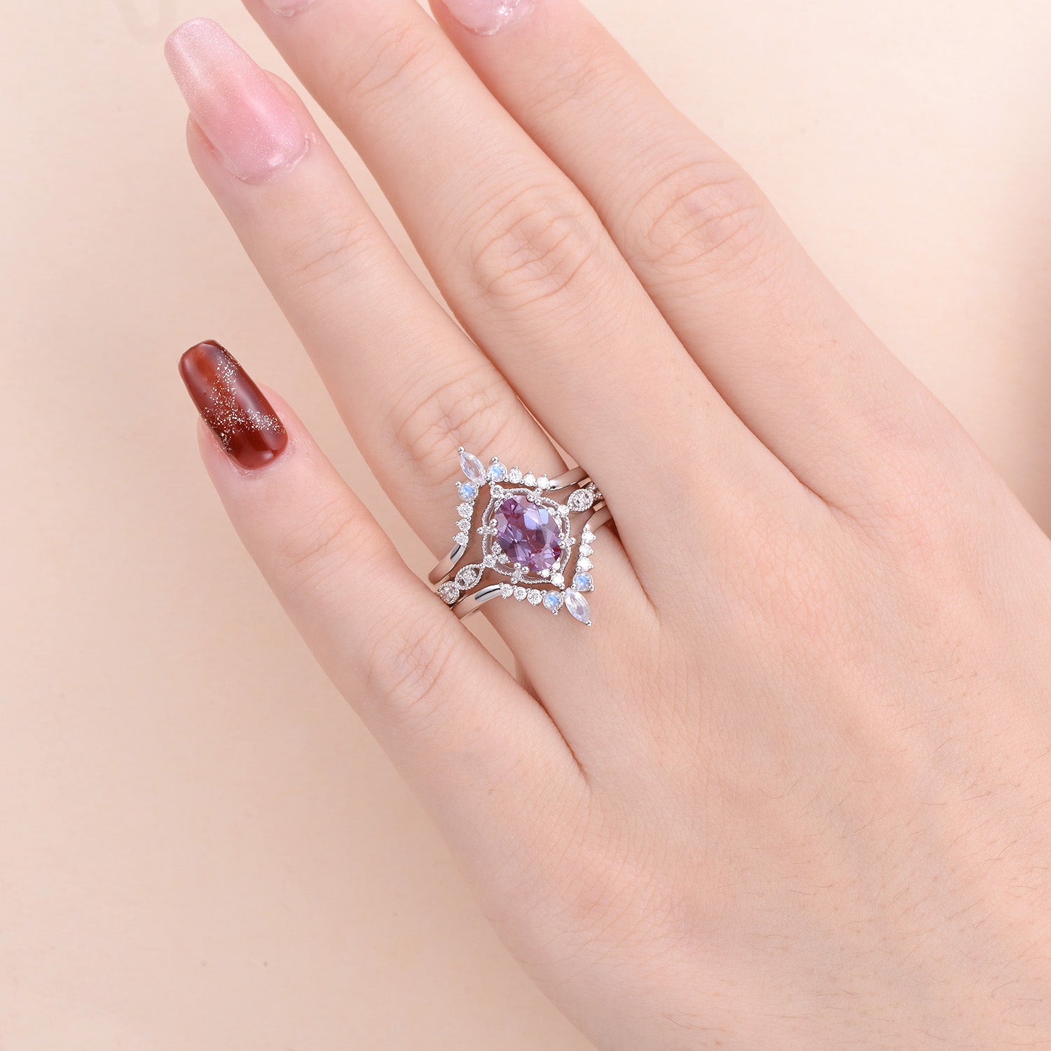 1.5CT Alexandrite Signature Vintage Luna Ring Set 3pcs
