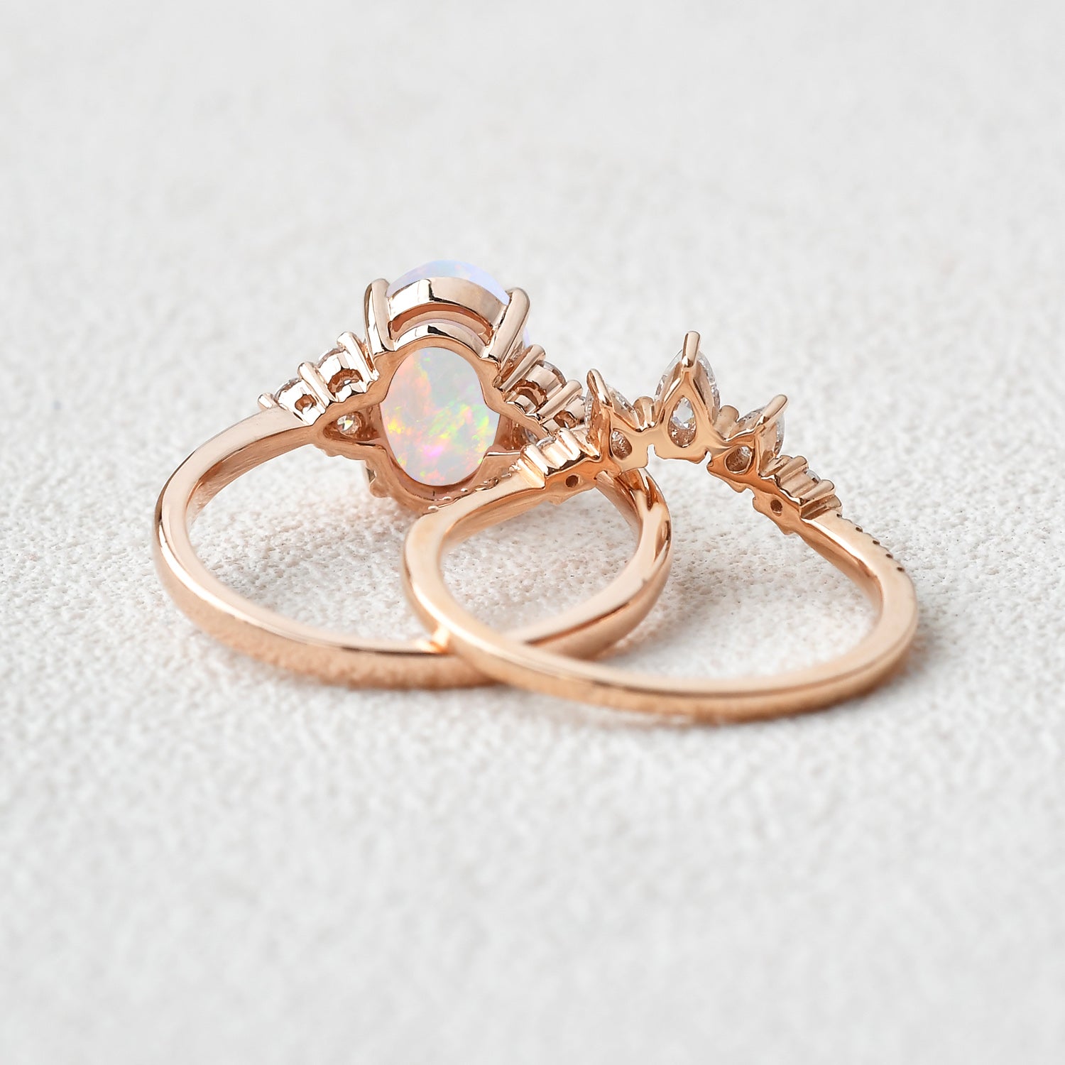 Oval Cut Moss Agate Cluster Gold Ring Set 2pcs