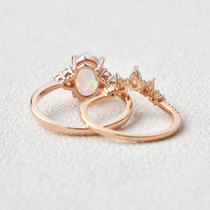 Oval Cut Moss Agate Cluster Gold Ring Set 2pcs