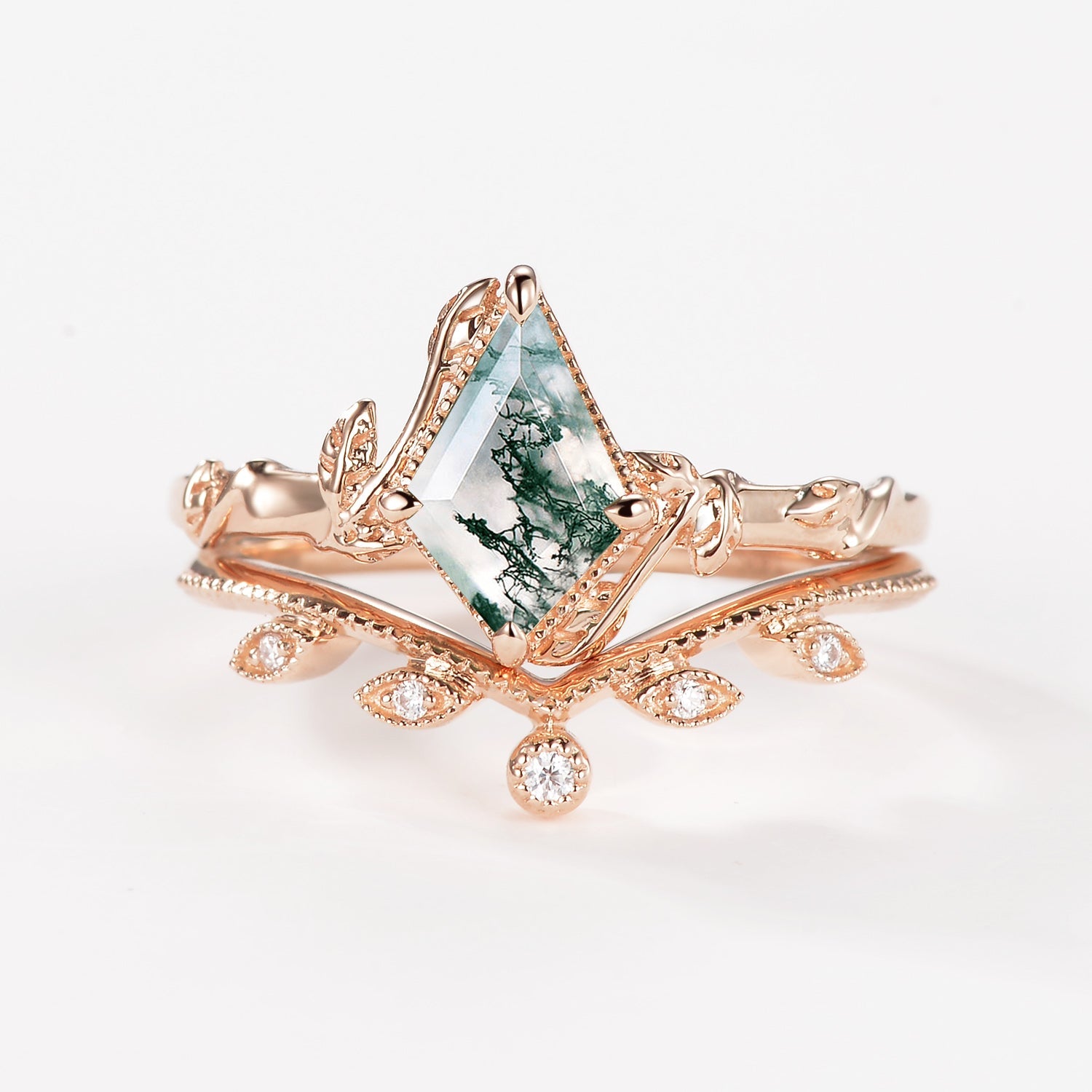 Kite Cut Moss Agate Natural Leafy Engagement Ring Sets 2pcs - Jade