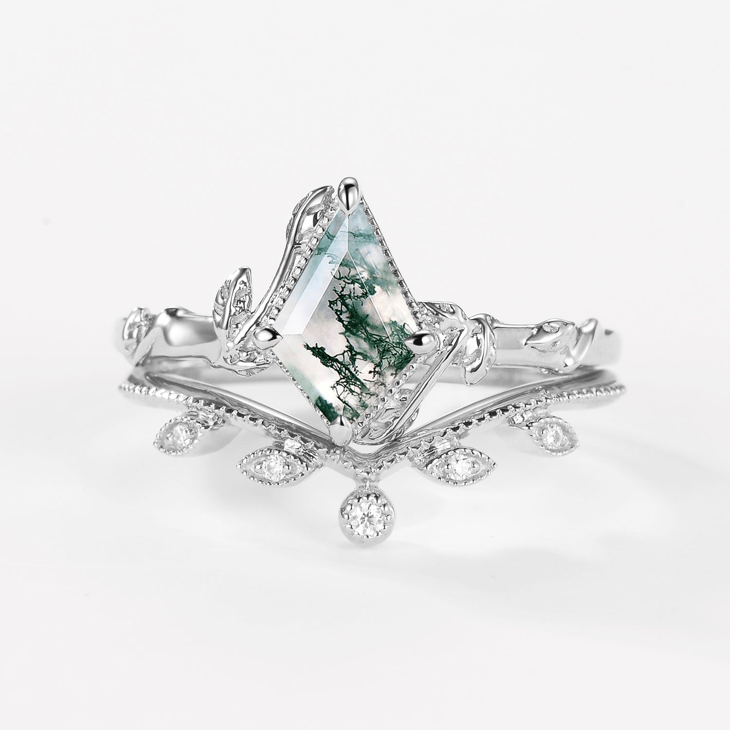 Kite Cut Moss Agate Natural Leafy Engagement Ring Sets 2pcs - Jade