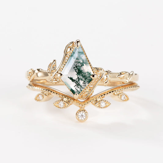 Kite Cut Moss Agate Natural Leafy Engagement Ring Sets 2pcs - Jade