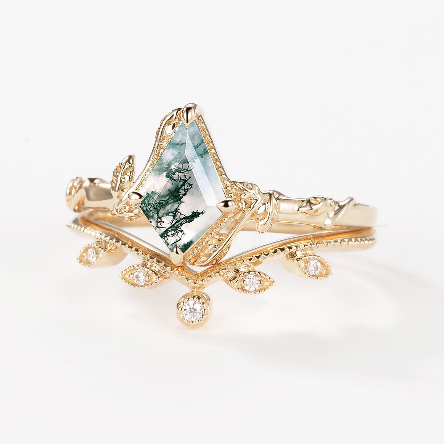 Kite Cut Moss Agate Natural Leafy Engagement Ring Sets 2pcs - Jade