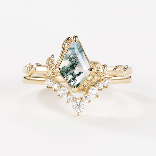 Kite Cut Moss Agate Bamboo Leafy Engagement Ring Sets 2pcs