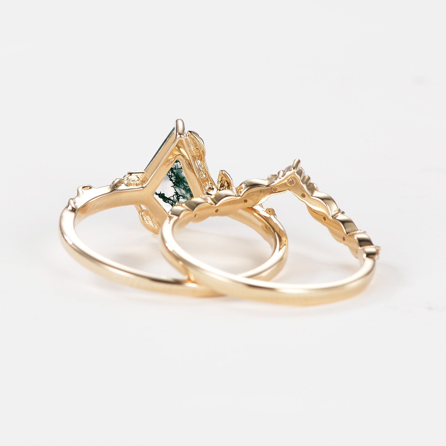 Moss Agate Leafy Engagement Ring Sets 2pcs