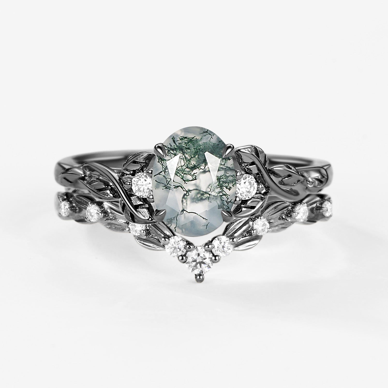 Unique Moss Agate Leafy Engagement Ring Sets 2pcs