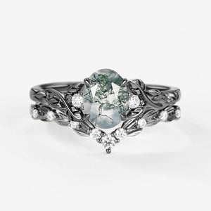 Unique Moss Agate Leafy Engagement Ring Sets 2pcs