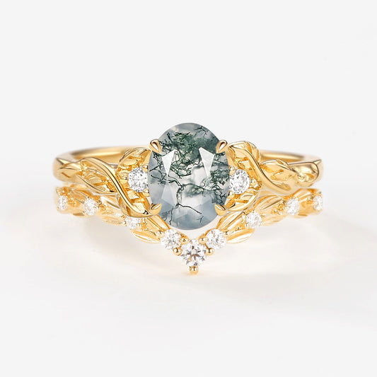 Unique Moss Agate Leafy Engagement Ring Sets 2pcs