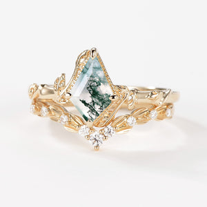Moss Agate Leafy Engagement Ring Sets 2pcs