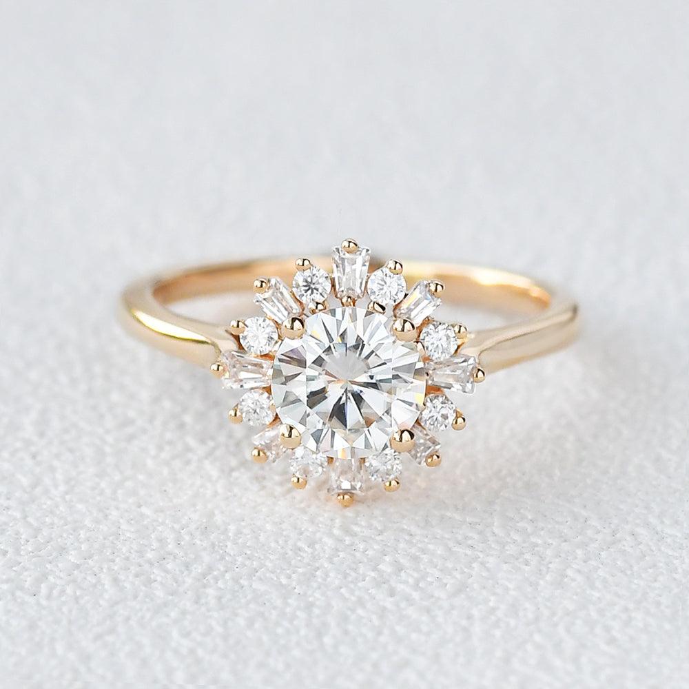 Sunflower Moissanite Halo Yellow Gold Inspired Ring