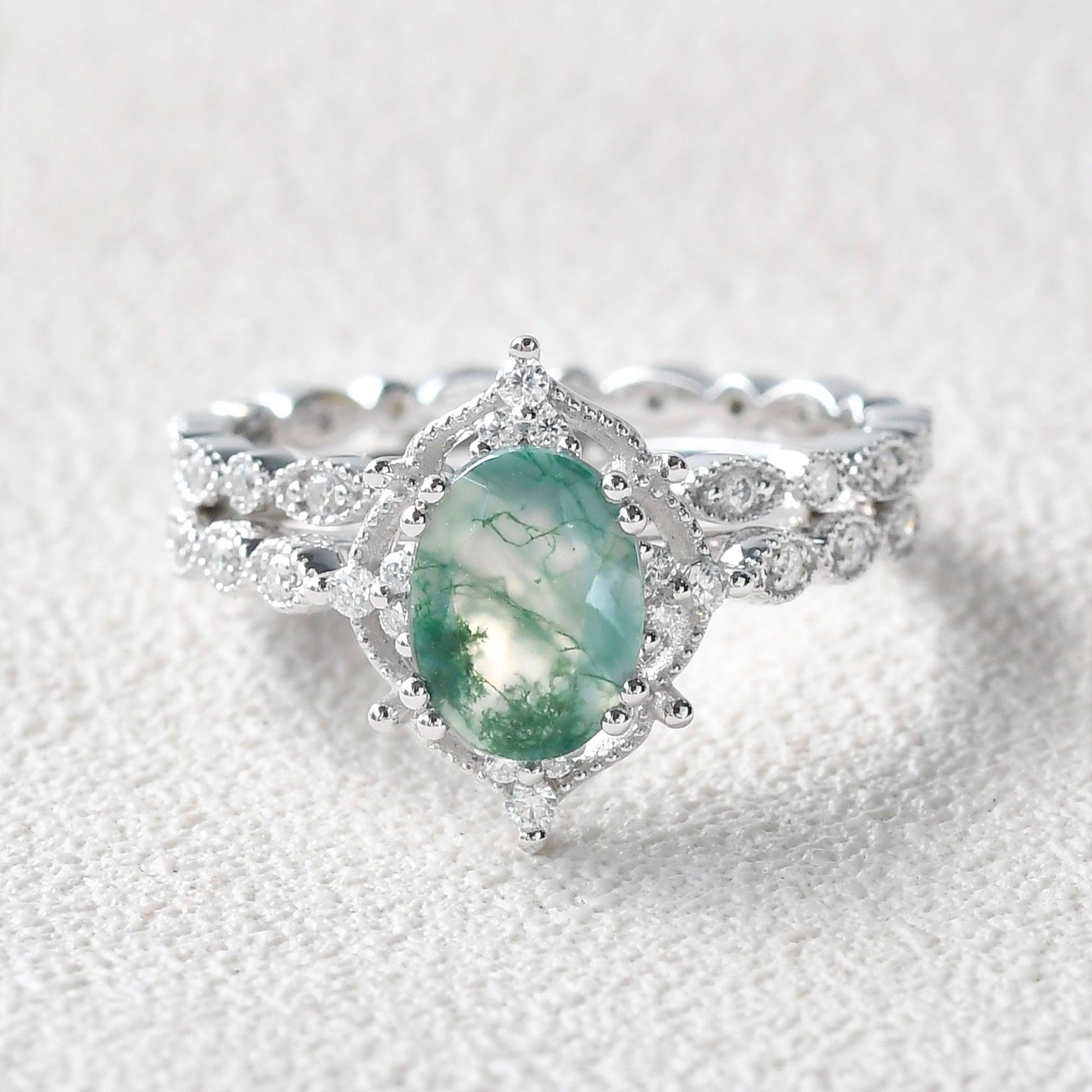 Nature Inspired Oval Cut Moss Agate Cluster Leafy Engagement Ring Set 2pcs