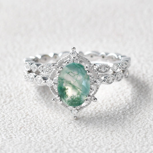 Nature Inspired Oval Cut Moss Agate Cluster Leafy Engagement Ring Set 2pcs