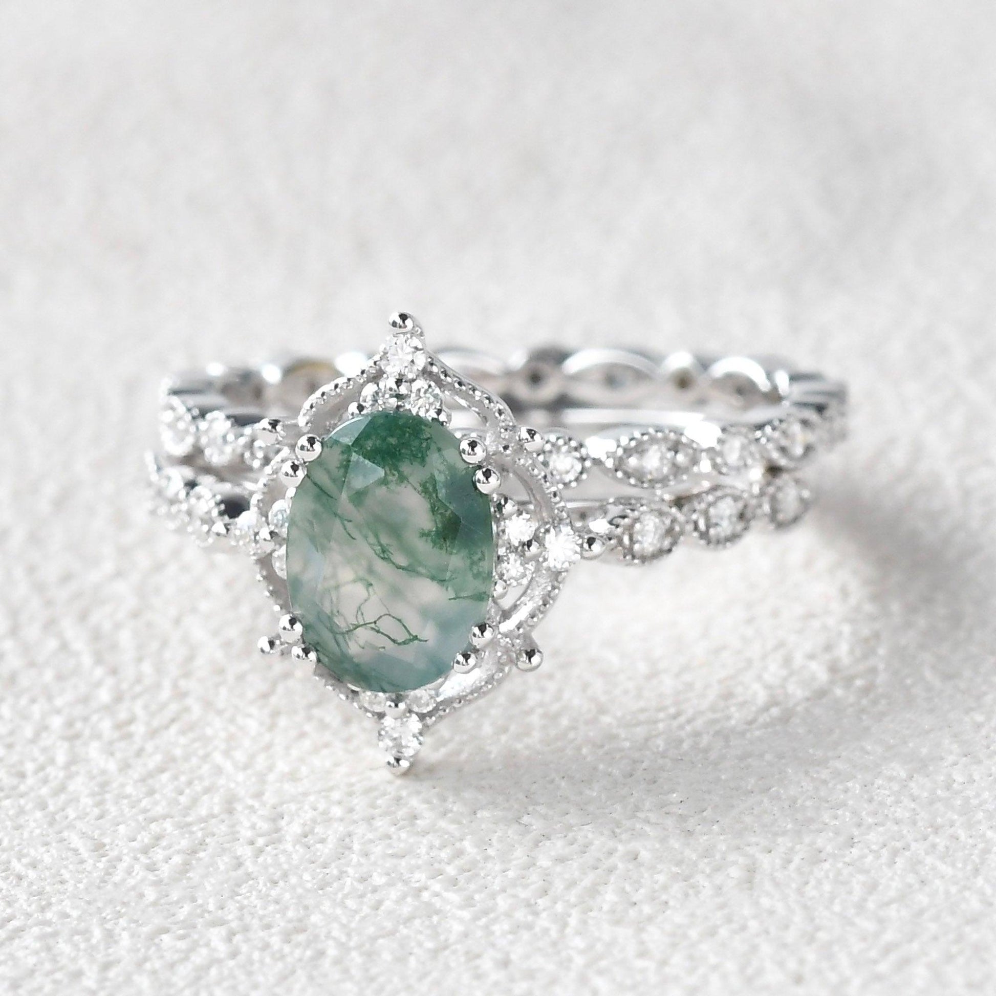 Nature Inspired Oval Cut Moss Agate Cluster Leafy Engagement Ring Set 2pcs
