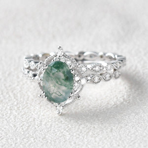 Nature Inspired Oval Cut Moss Agate Cluster Leafy Engagement Ring Set 2pcs
