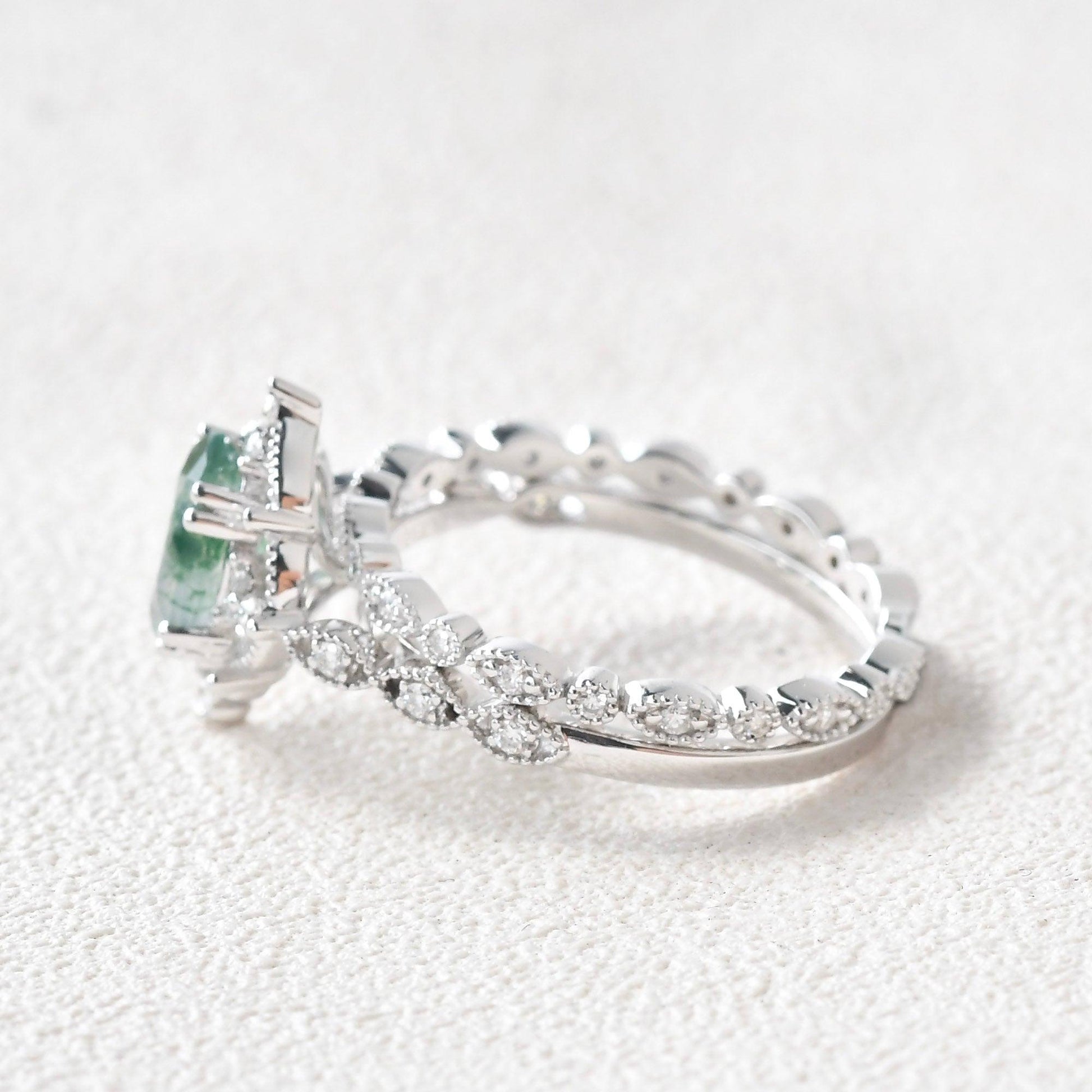 Nature Inspired Oval Cut Moss Agate Cluster Leafy Engagement Ring Set 2pcs