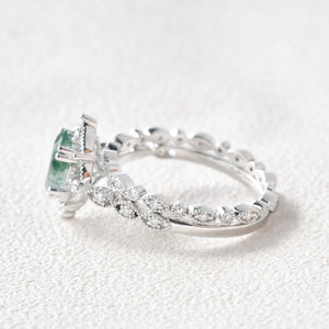 Nature Inspired Oval Cut Moss Agate Cluster Leafy Engagement Ring Set 2pcs