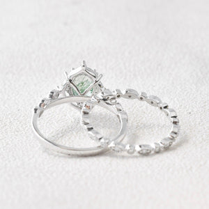 Nature Inspired Oval Cut Moss Agate Cluster Leafy Engagement Ring Set 2pcs