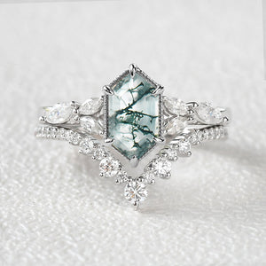 Long Hexagon Moss Agate Cluster Engagement Ring Set 2pcs