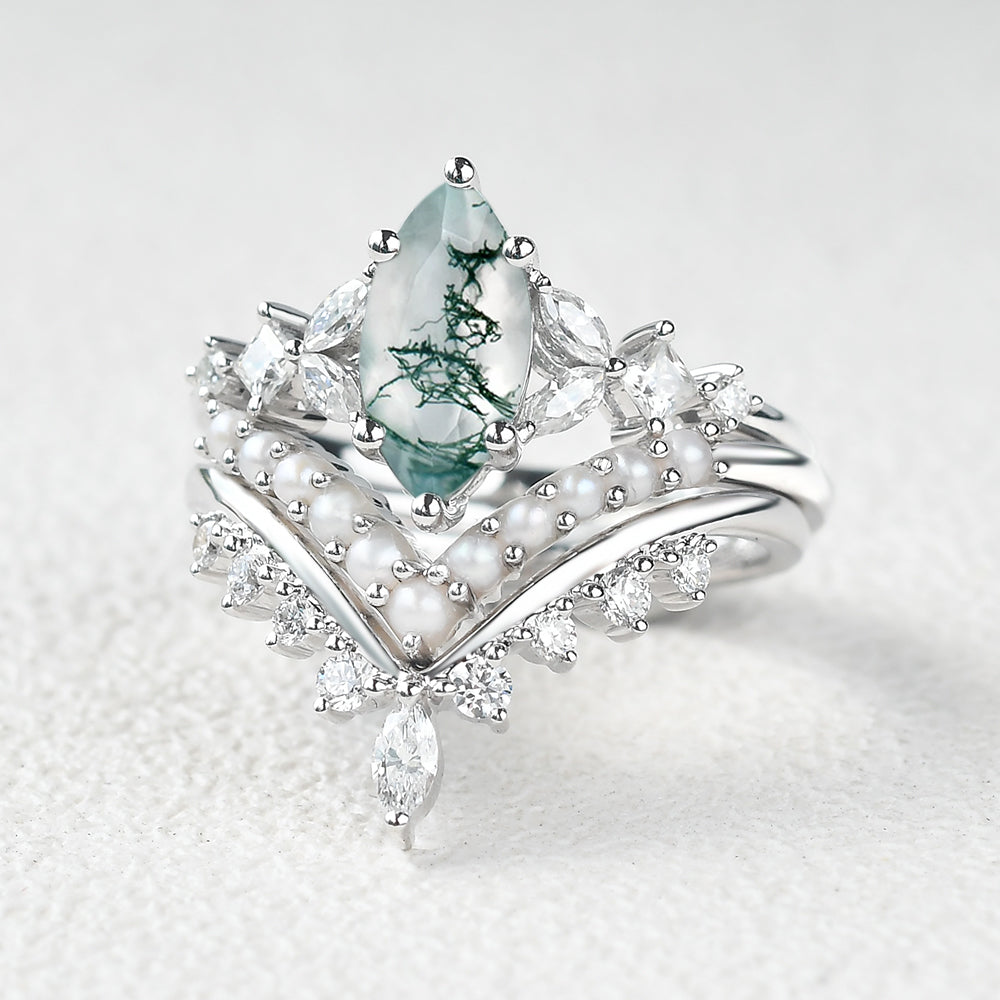 Marquise Moss Agate Pearl-fect Engagement Ring Set 3pcs