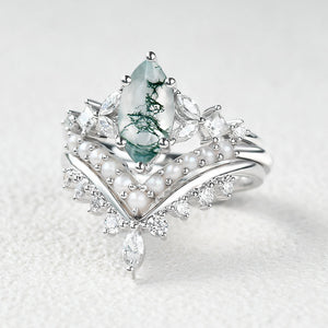 Marquise Moss Agate Pearl-fect Engagement Ring Set 3pcs