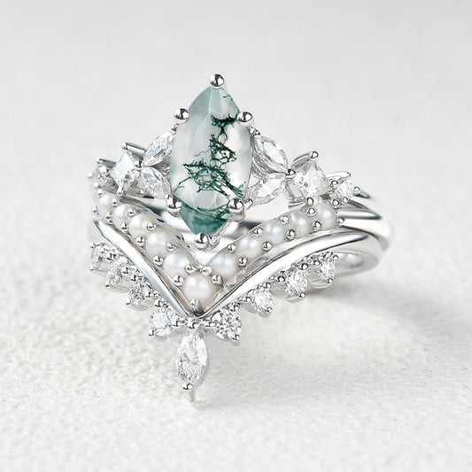 Marquise Moss Agate Pearl-fect Engagement Ring Set 3pcs