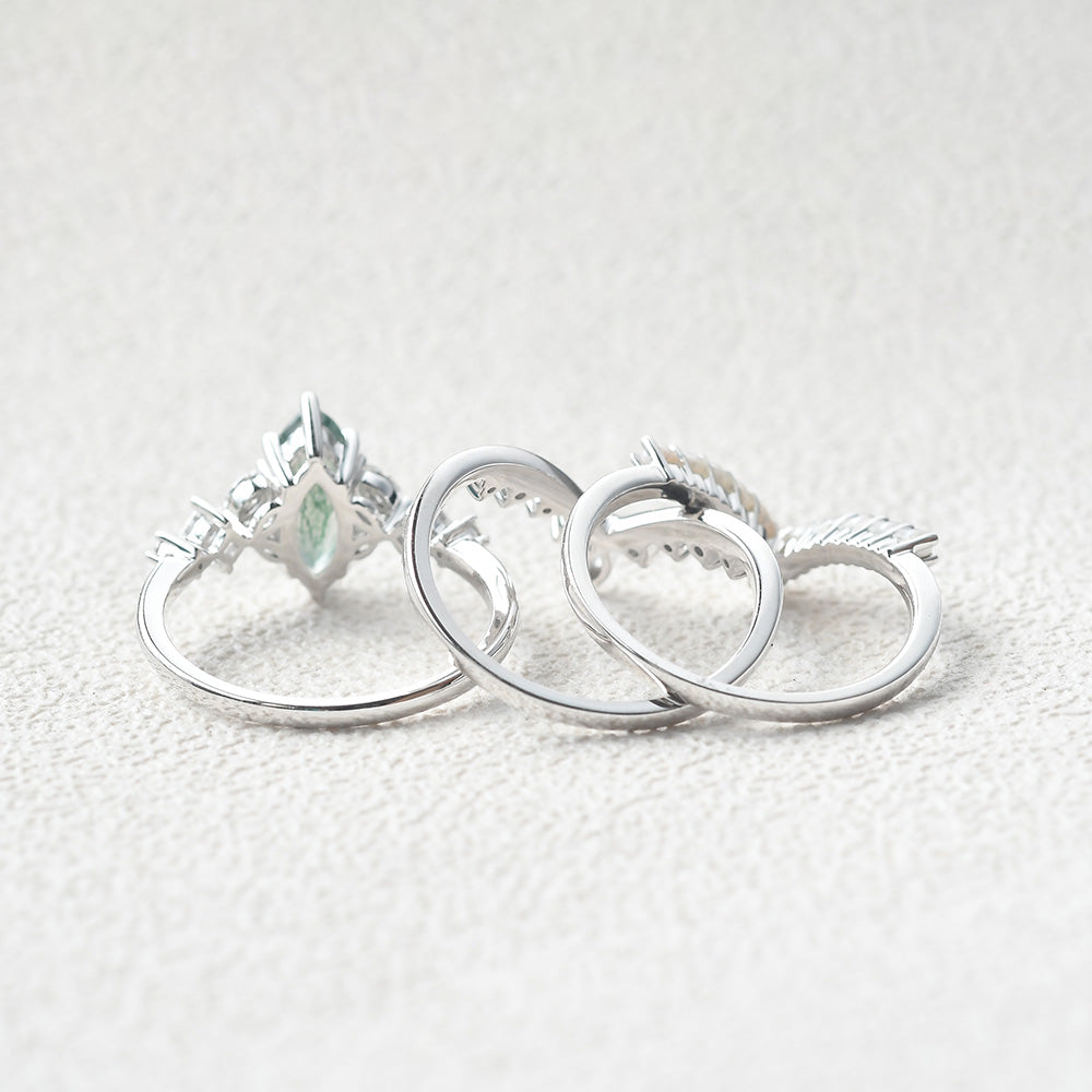 Marquise Moss Agate Pearl-fect Engagement Ring Set 3pcs