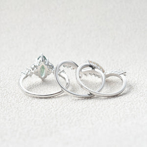 Marquise Moss Agate Pearl-fect Engagement Ring Set 3pcs