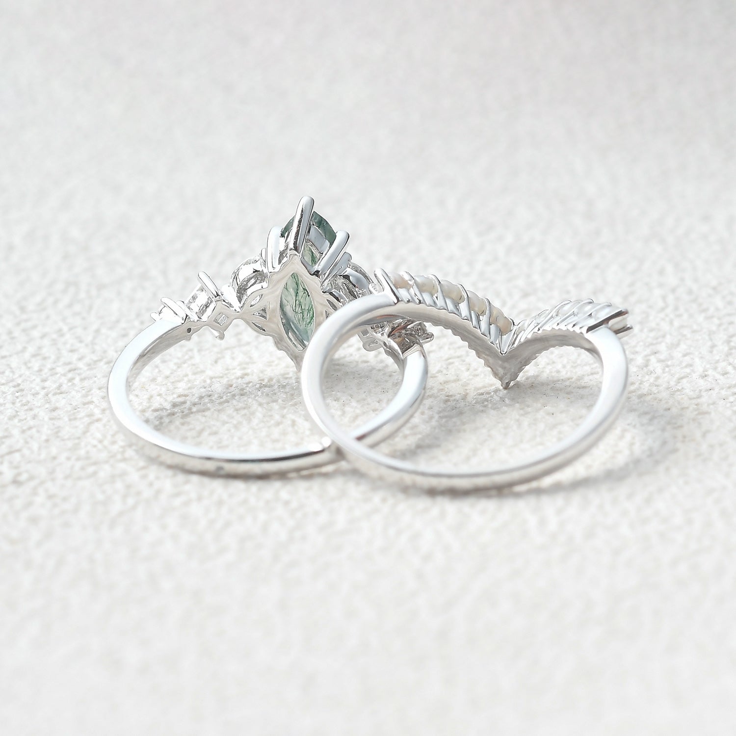 Marquise Moss Agate Signature Vintage Pearl-fect Ring Set 2pcs