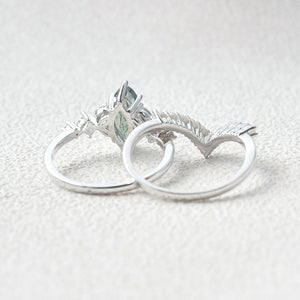 Marquise Moss Agate Signature Vintage Pearl-fect Ring Set 2pcs