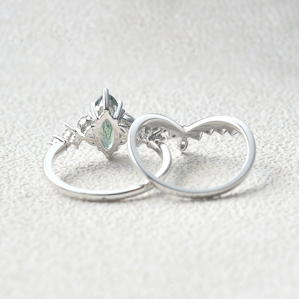 Marquise Moss Agate Cluster Ring Set 2pcs