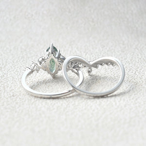 Marquise Moss Agate Cluster Ring Set 2pcs
