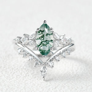 Marquise Moss Agate Cluster Ring Set 2pcs