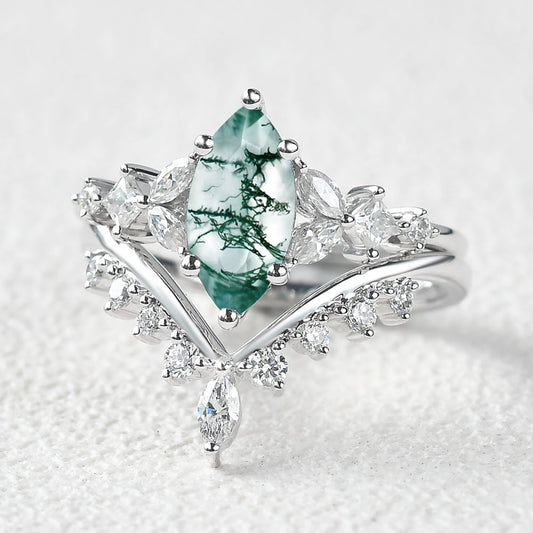 Marquise Moss Agate Cluster Ring Set 2pcs