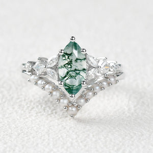 Marquise Moss Agate Signature Vintage Pearl-fect Ring Set 2pcs