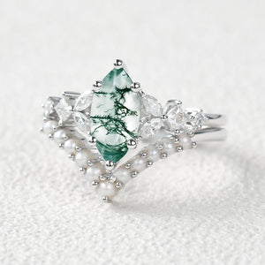 Marquise Moss Agate Signature Vintage Pearl-fect Ring Set 2pcs